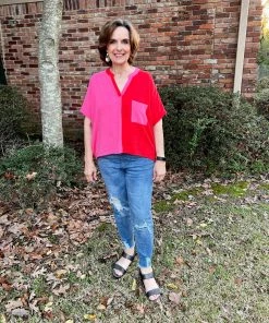 Jodifl Red And Pink Color Block Top TOPS