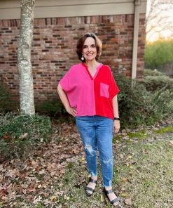Jodifl Red And Pink Color Block Top TOPS