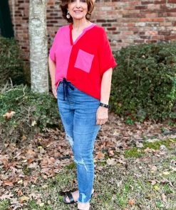 Jodifl Red And Pink Color Block Top TOPS