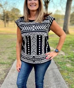 Savannah Jane TOPS Black And Ivory Embroidery Top