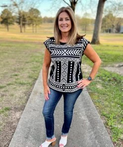 Savannah Jane TOPS Black And Ivory Embroidery Top