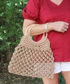Ruby Stone Boutique Macrame Tote With Wooden Handle ACCESSORIES