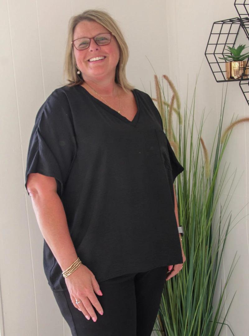 Ruby Stone Boutique V-Neck Pocket Textured Top TOPS