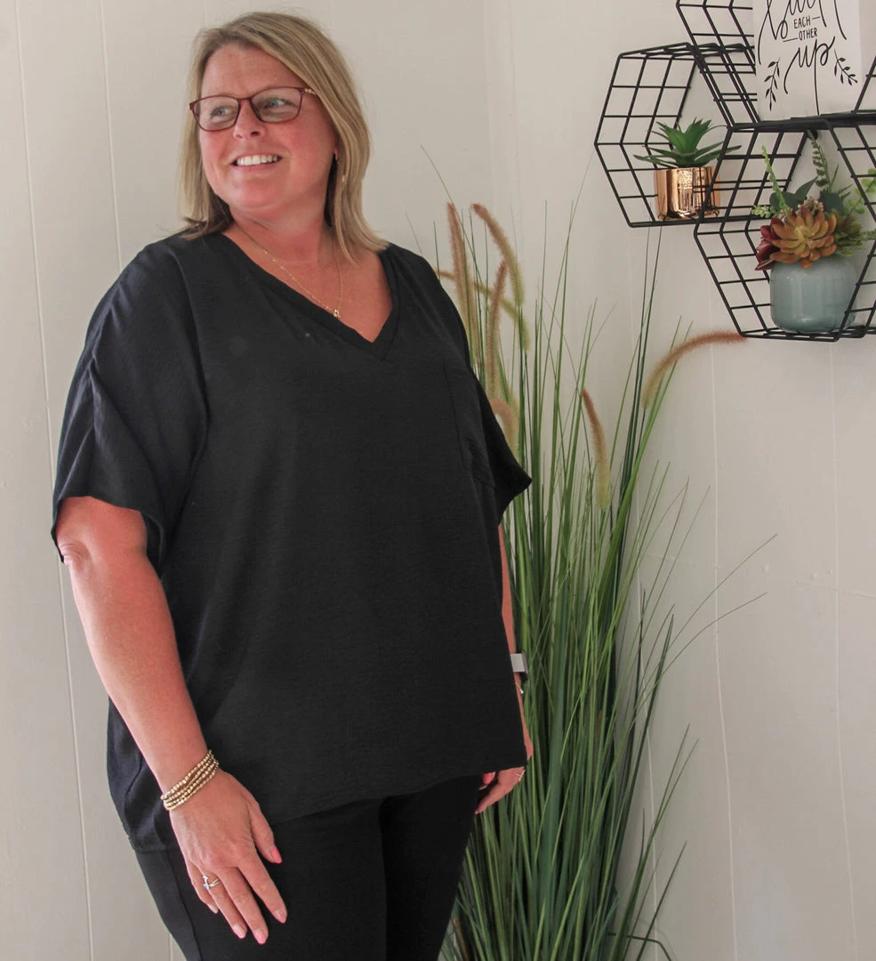 Ruby Stone Boutique V-Neck Pocket Textured Top TOPS