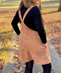 Olive And Leaf DRESSES Corduroy Camel Overall Dress