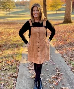 Olive And Leaf DRESSES Corduroy Camel Overall Dress