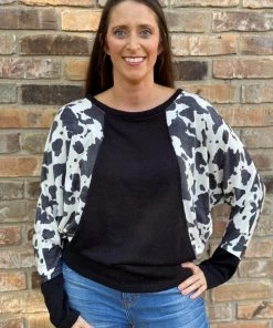 Jodifl TOPS Dolman Sleeve Cow Print Sweater