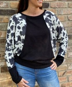 Jodifl TOPS Dolman Sleeve Cow Print Sweater
