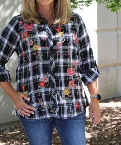 Savannah Jane Plaid Embroidery Flannel Top