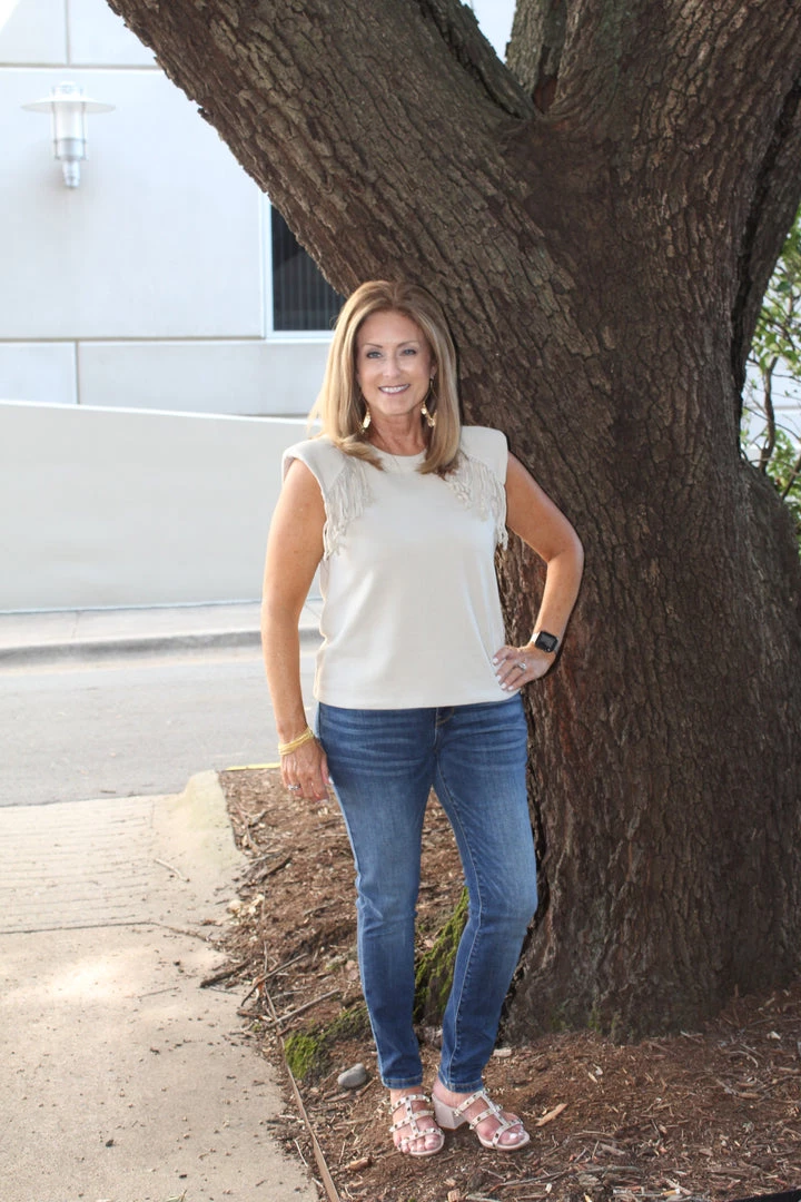 Fate Padded Shoulder Fringe Top TOPS