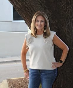 Fate Padded Shoulder Fringe Top TOPS