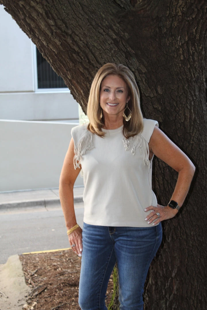 Fate Padded Shoulder Fringe Top TOPS