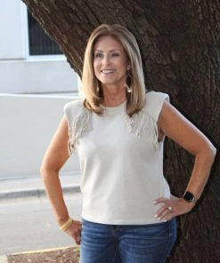 Fate Padded Shoulder Fringe Top TOPS