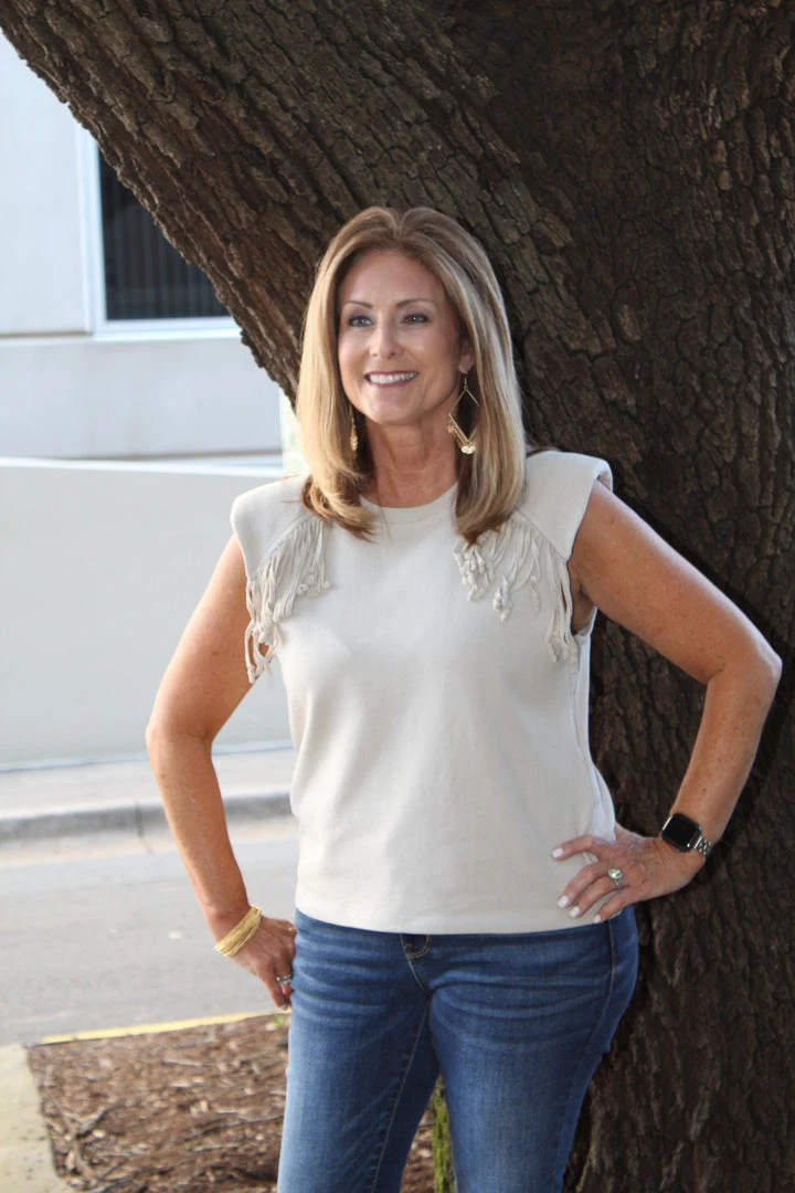 Fate Padded Shoulder Fringe Top TOPS