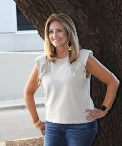 Fate Padded Shoulder Fringe Top TOPS