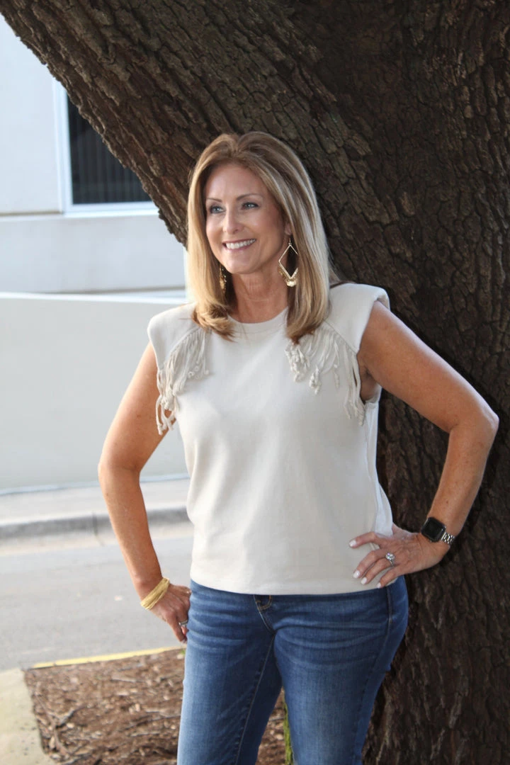 Fate Padded Shoulder Fringe Top TOPS