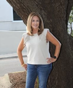 Fate Padded Shoulder Fringe Top TOPS