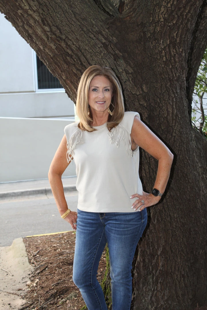 Fate Padded Shoulder Fringe Top TOPS