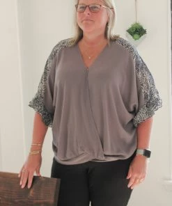 GiGiO TOPS Grey Animal Print Cross Top