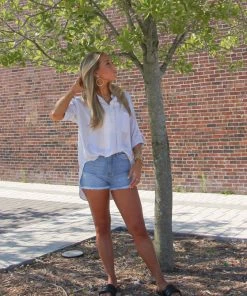 Ruby Stone Boutique Linen Look Boyfriend Shirt: Tan/White