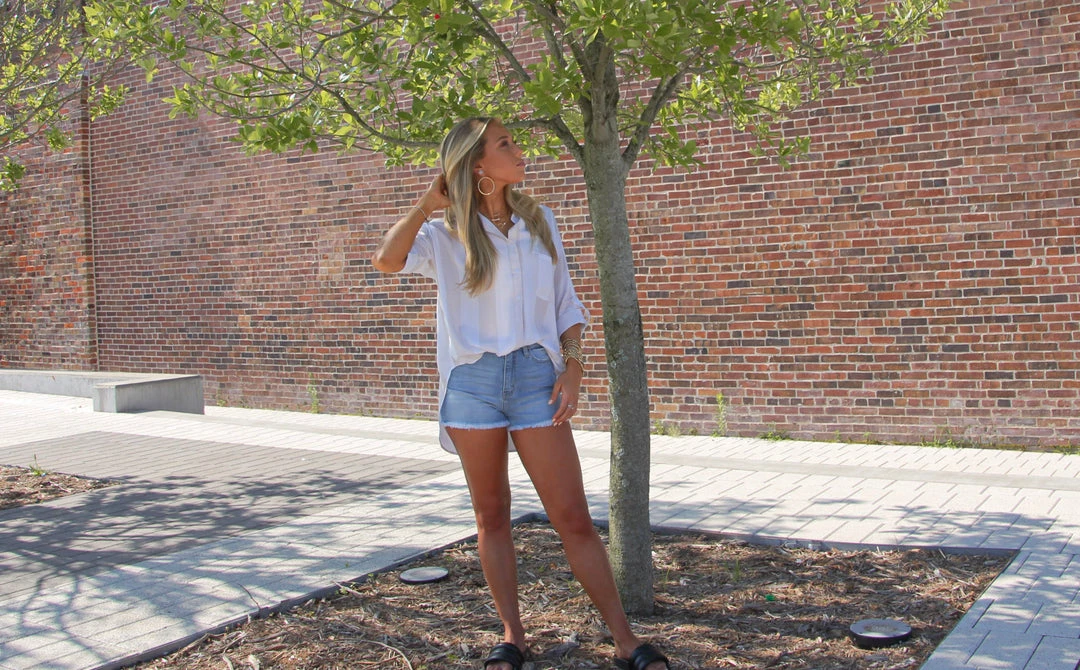 Ruby Stone Boutique Linen Look Boyfriend Shirt: Tan/White