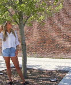 Ruby Stone Boutique Linen Look Boyfriend Shirt: Tan/White