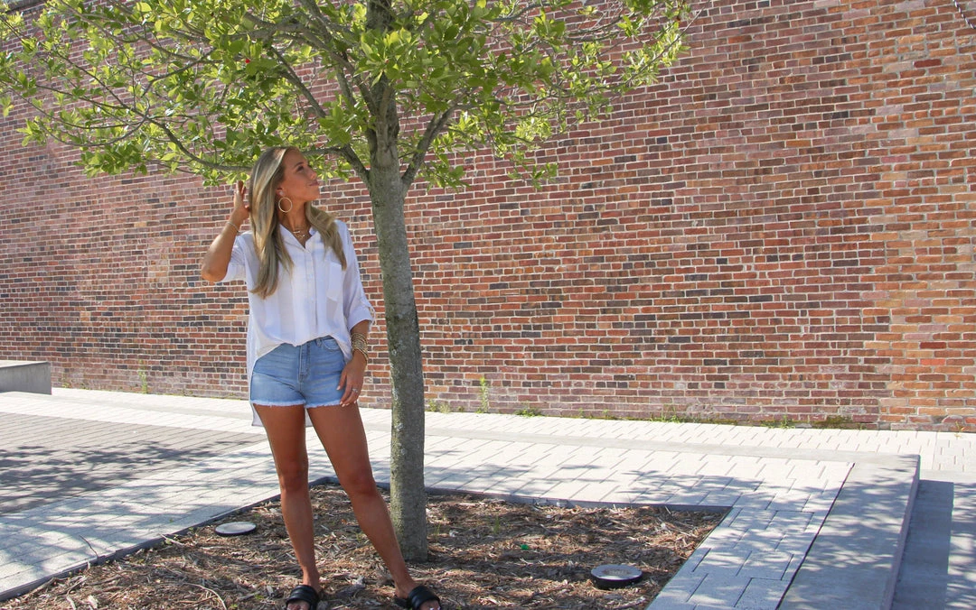 Ruby Stone Boutique Linen Look Boyfriend Shirt: Tan/White