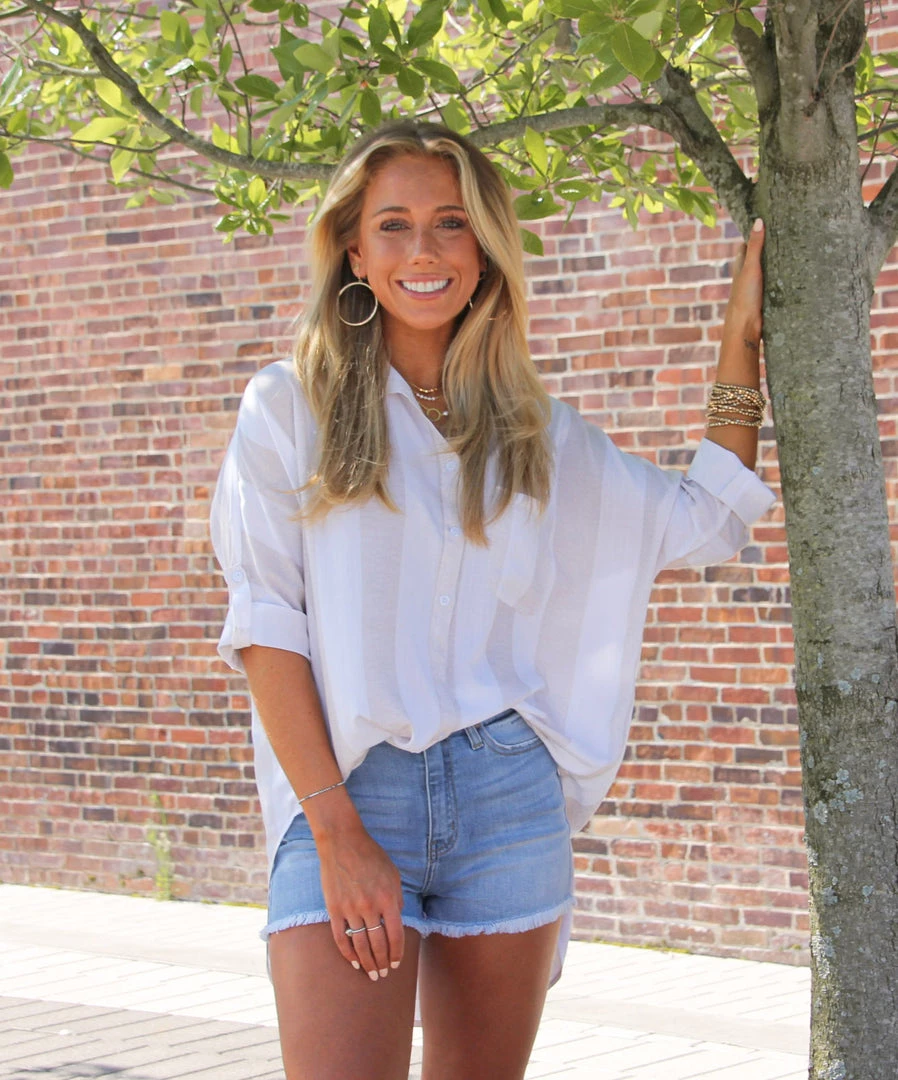 Ruby Stone Boutique Linen Look Boyfriend Shirt: Tan/White