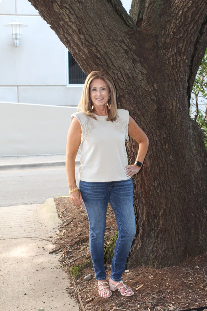 Fate Padded Shoulder Fringe Top TOPS