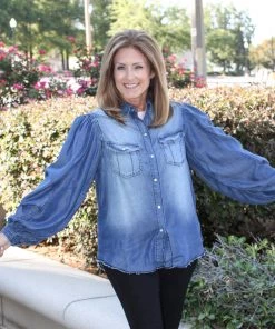 Zenana Chambray Puff Sleeve Top