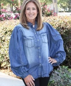 Zenana Chambray Puff Sleeve Top