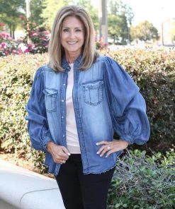 Zenana Chambray Puff Sleeve Top