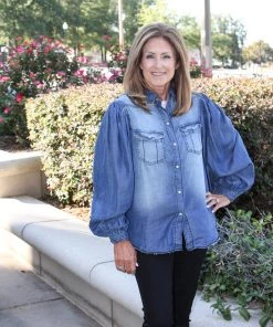 Zenana Chambray Puff Sleeve Top