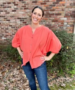 Umgee Coral Balloon Sleeve Top TOPS