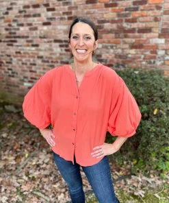 Umgee Coral Balloon Sleeve Top TOPS