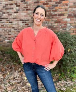 Umgee Coral Balloon Sleeve Top TOPS