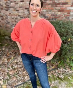 Umgee Coral Balloon Sleeve Top TOPS