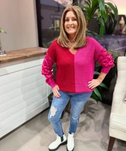 Jodifl Red And Pink V-Neck Sweater