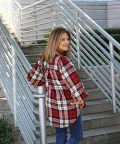 Zenana Red Plaid Balloon Sleeve Top TOPS