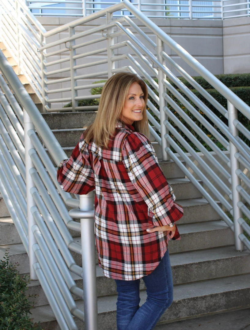 Zenana Red Plaid Balloon Sleeve Top TOPS