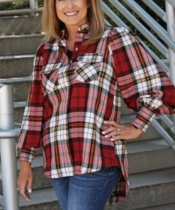 Zenana Red Plaid Balloon Sleeve Top TOPS