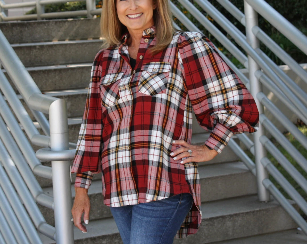 Zenana Red Plaid Balloon Sleeve Top TOPS
