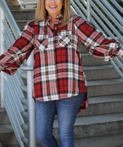 Zenana Red Plaid Balloon Sleeve Top TOPS