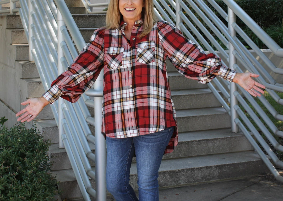 Zenana Red Plaid Balloon Sleeve Top TOPS