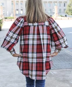 Zenana Red Plaid Balloon Sleeve Top TOPS
