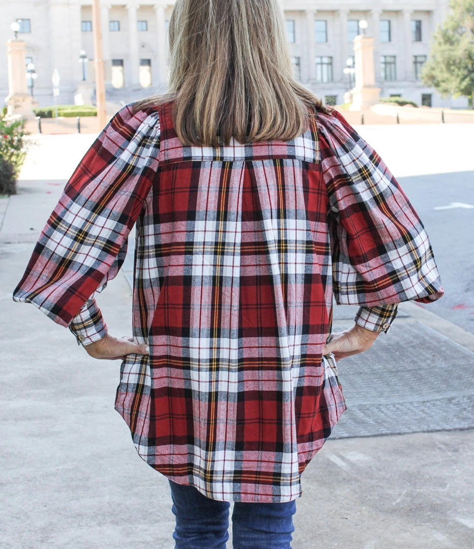 Zenana Red Plaid Balloon Sleeve Top TOPS