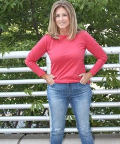 Mono B TOPS Red Long Sleeve Crew Neck Tee