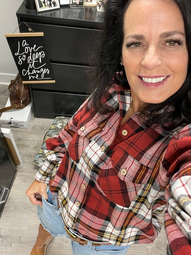 Zenana Red Plaid Balloon Sleeve Top TOPS