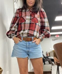 Zenana Red Plaid Balloon Sleeve Top TOPS