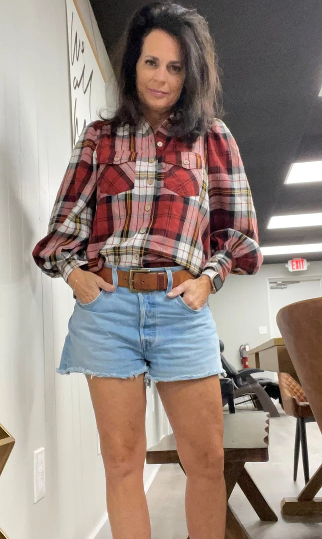 Zenana Red Plaid Balloon Sleeve Top TOPS